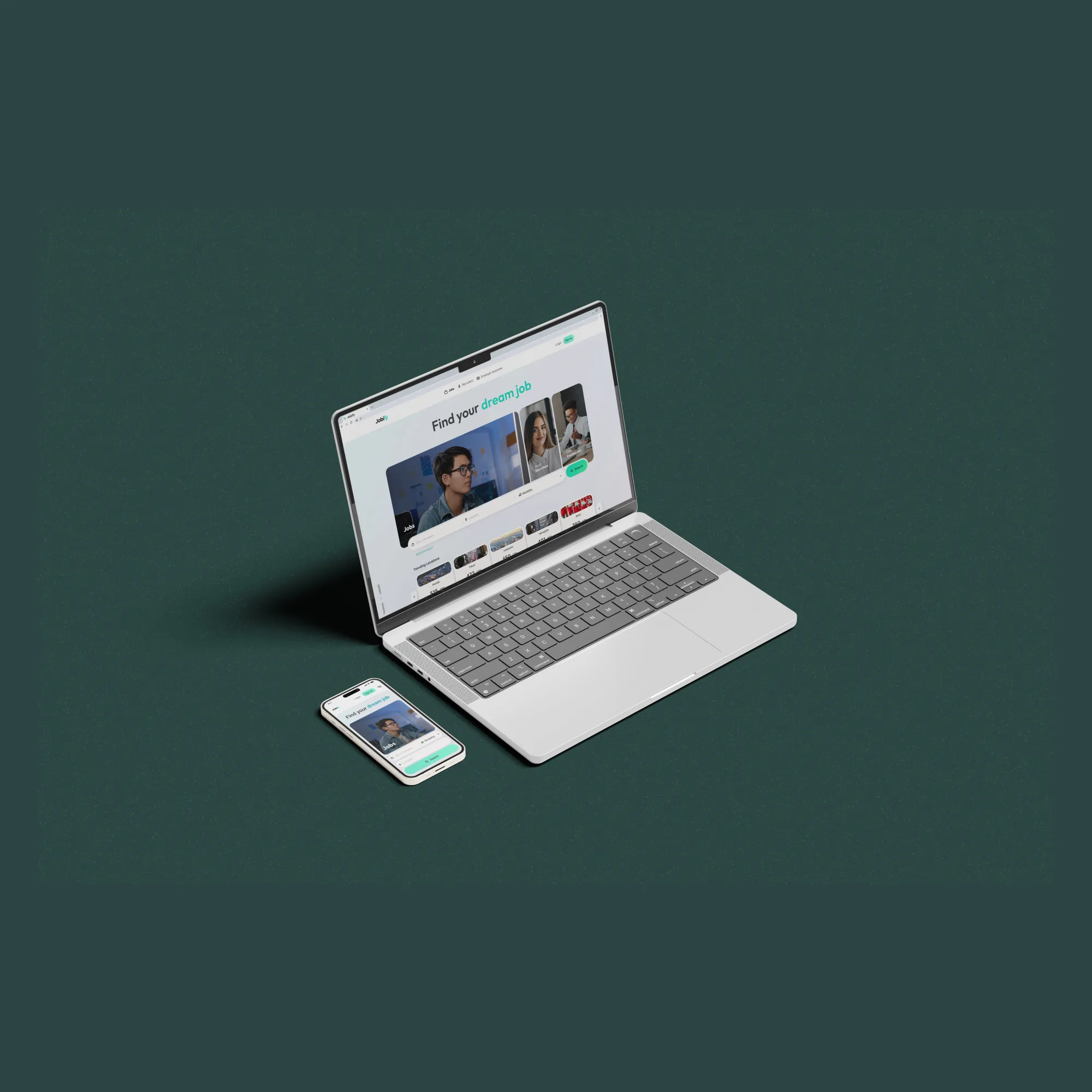 Jobif case study — laptop and phone with the job platform on a green background