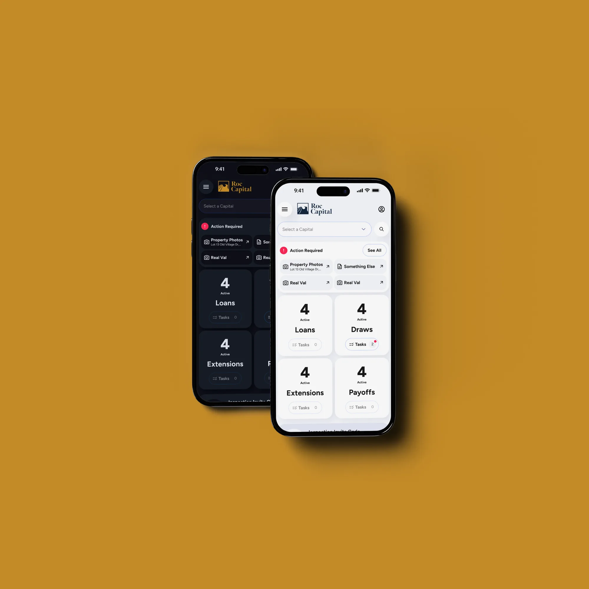 ROC360 case study — two phones, light and dark, on a mustard background