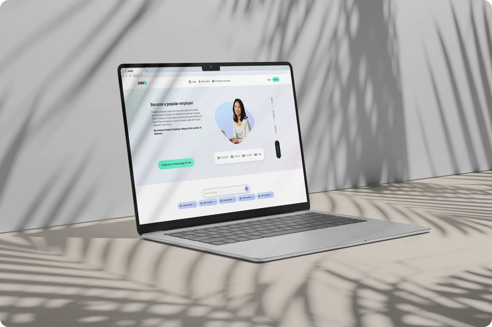 Laptop showing the Jobif employer page: Become a popular employer, with company page creation and an Ask AI anything bar