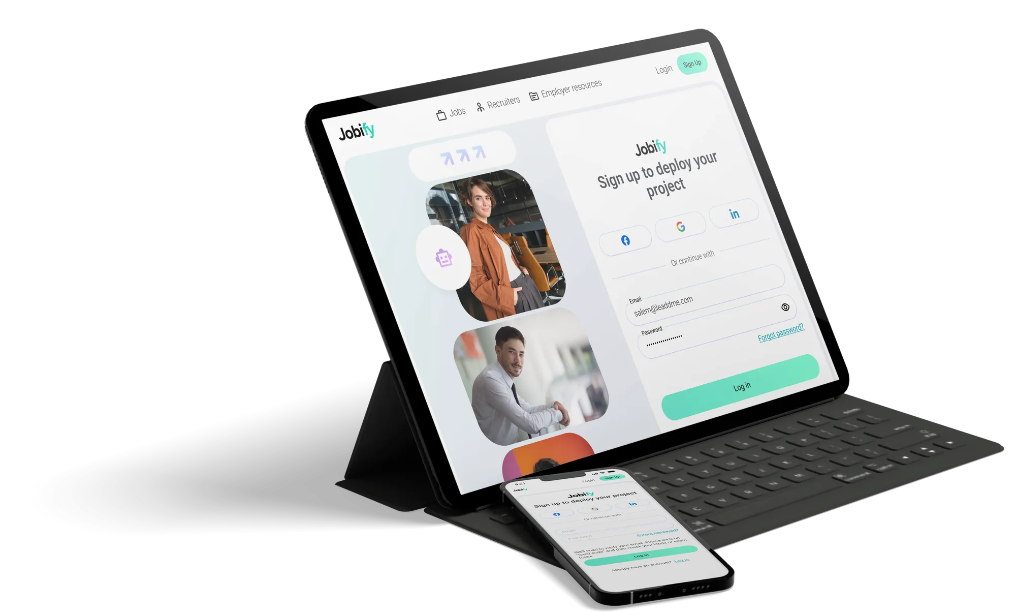 iPad with keyboard and iPhone showing the Jobif sign-up flow