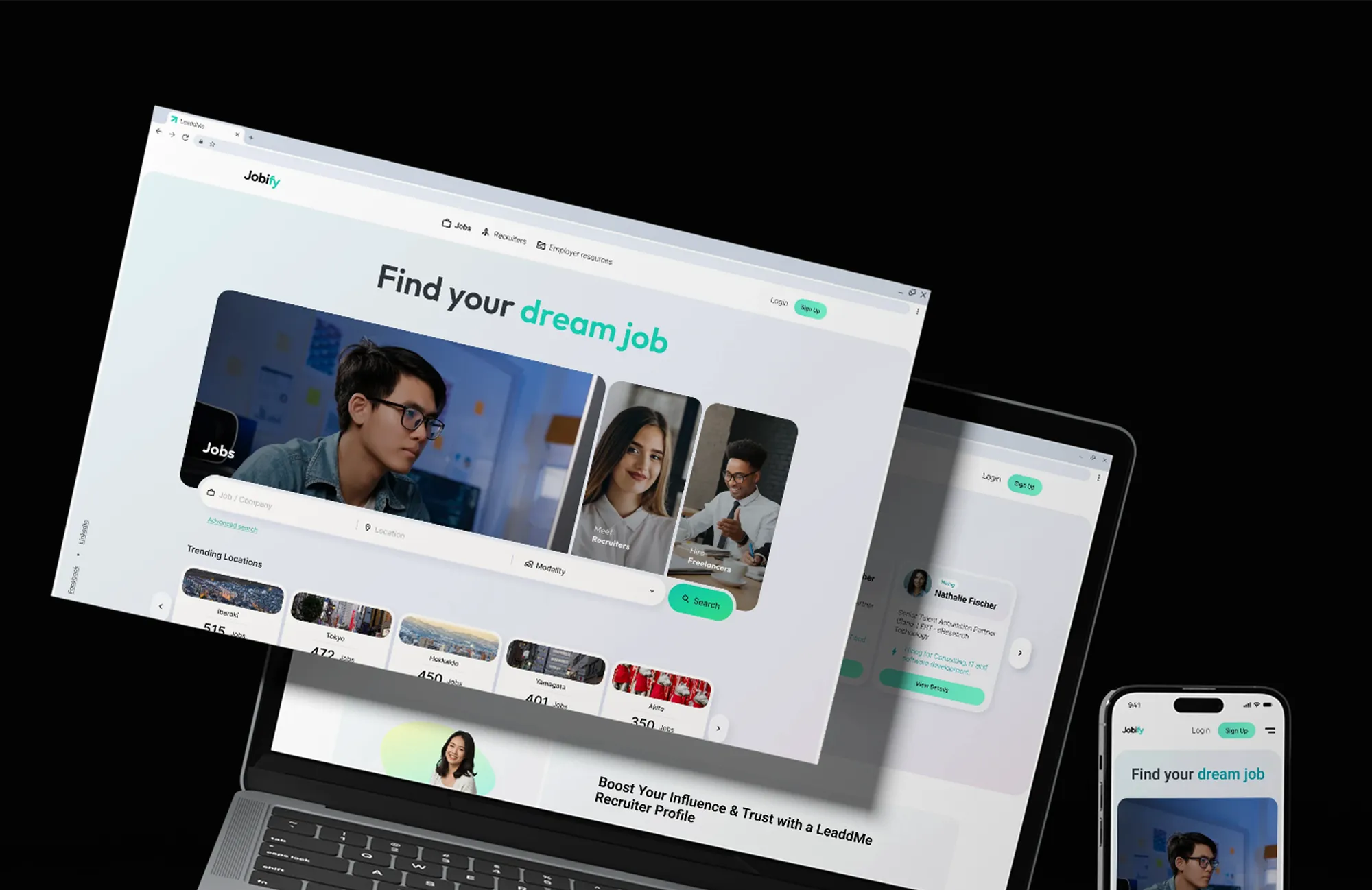 Floating Jobif screens on a black background: job search home, recruiters page and mobile view