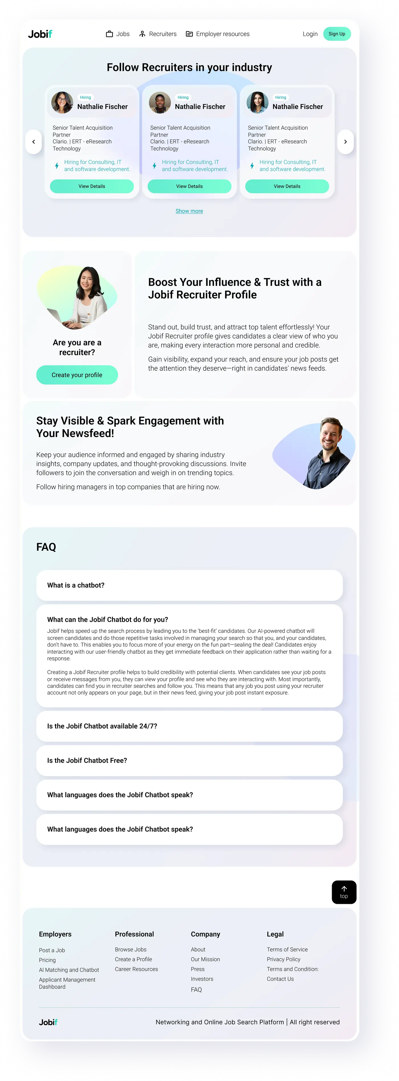 Full-length desktop capture of the Jobif Recruiters page: follow recruiters, recruiter profile promotion, newsfeed and FAQ