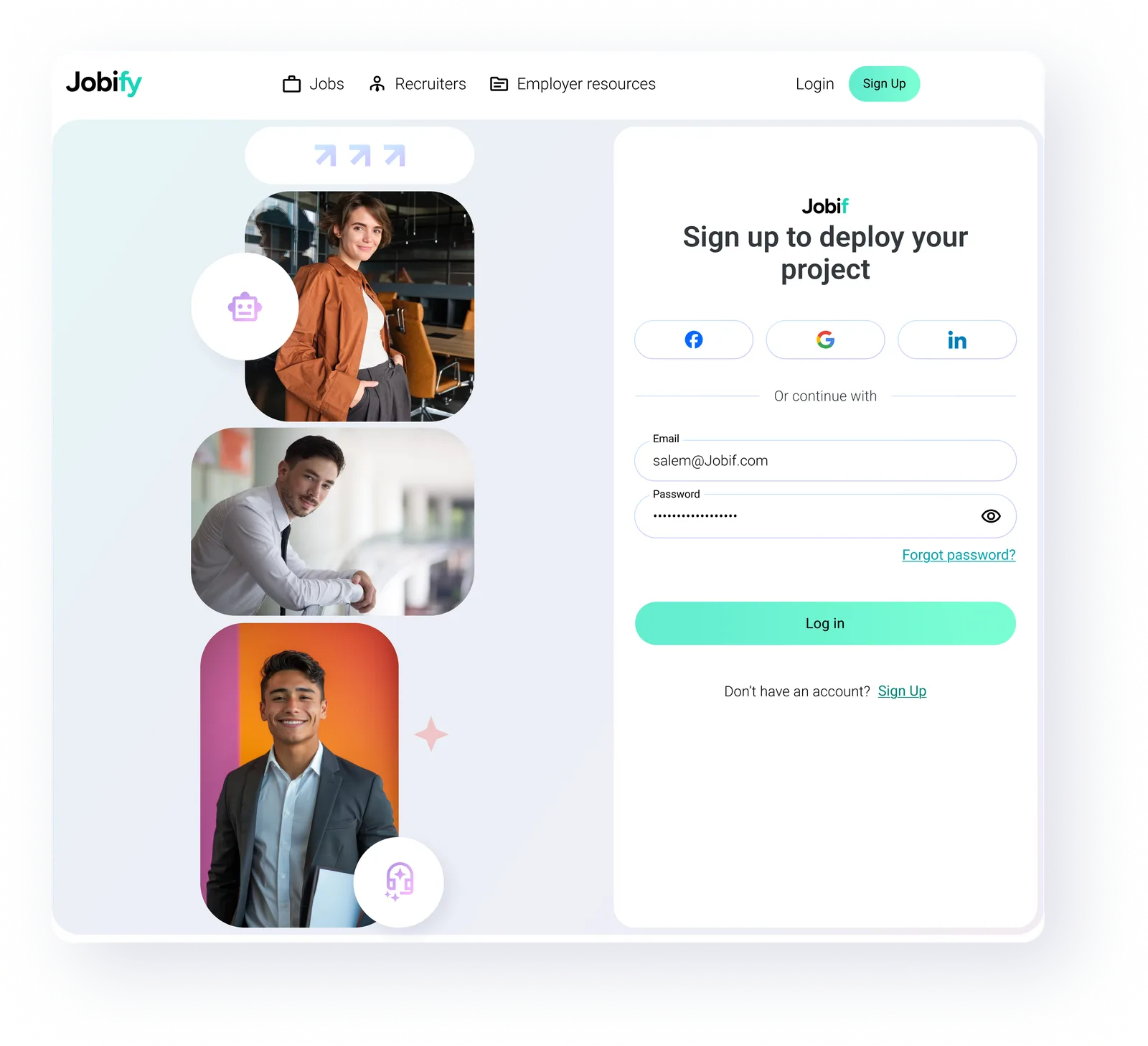 Jobif sign-up screen with social sign-in buttons for Facebook, Google and LinkedIn, next to portraits of professionals