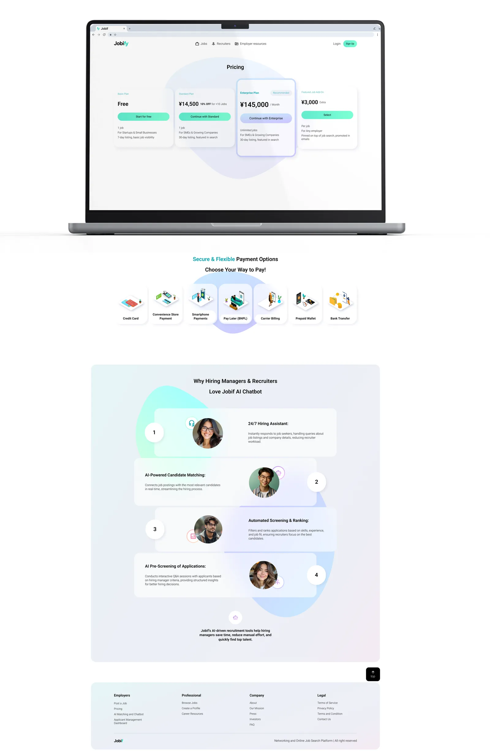 Full-length capture of Jobif pricing plans in yen, seven local payment options, and the reasons hiring managers love the AI chatbot