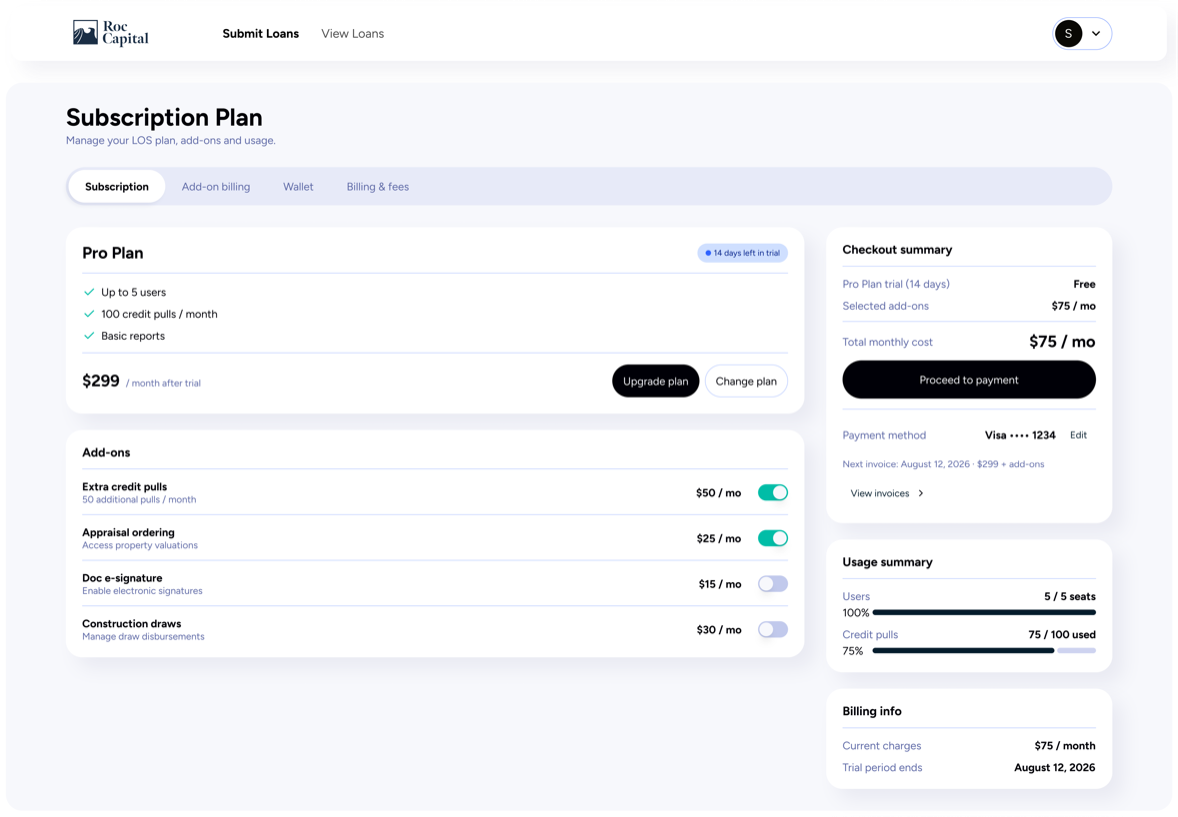 Screen the agent produced: subscription plan with add-ons and checkout summary