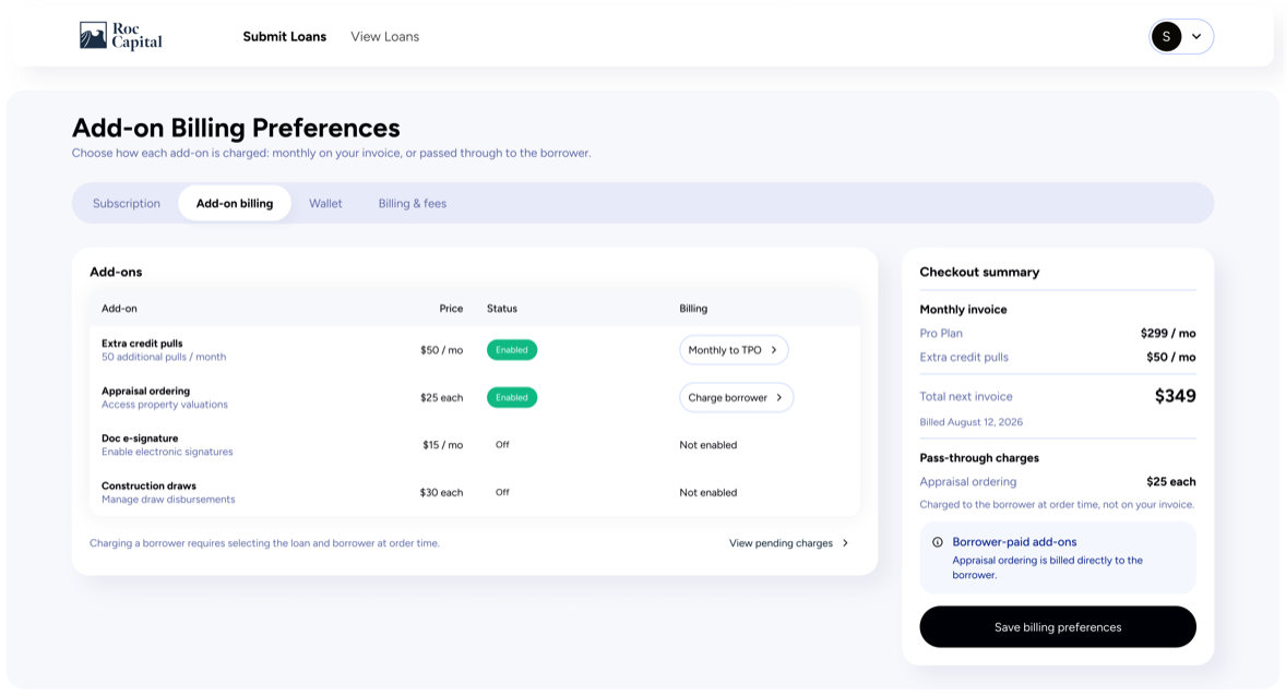 Screen the agent produced: add-on billing preferences, monthly or charged to the borrower