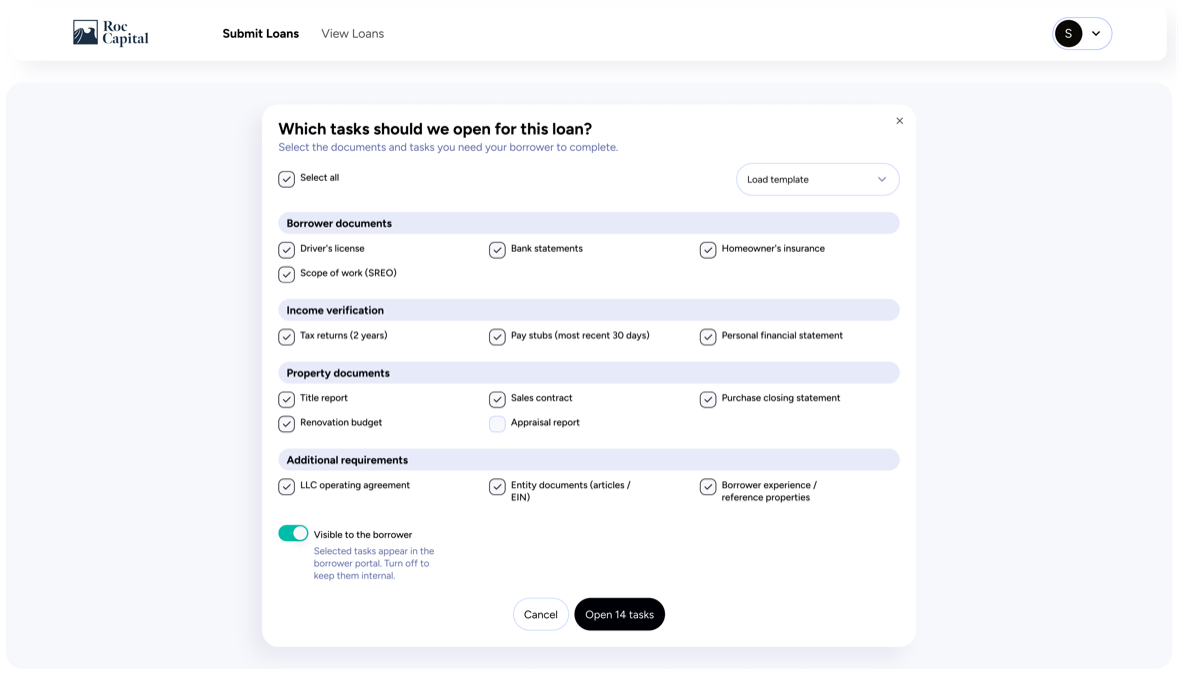 Screen the agent produced: the modal that opens borrower tasks for a loan