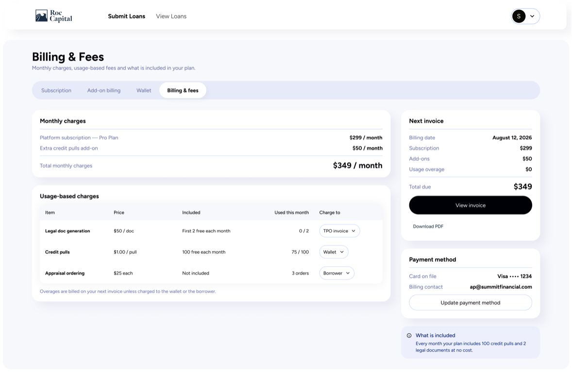 Screen the agent produced: billing and fees, with usage-based charges and the next invoice