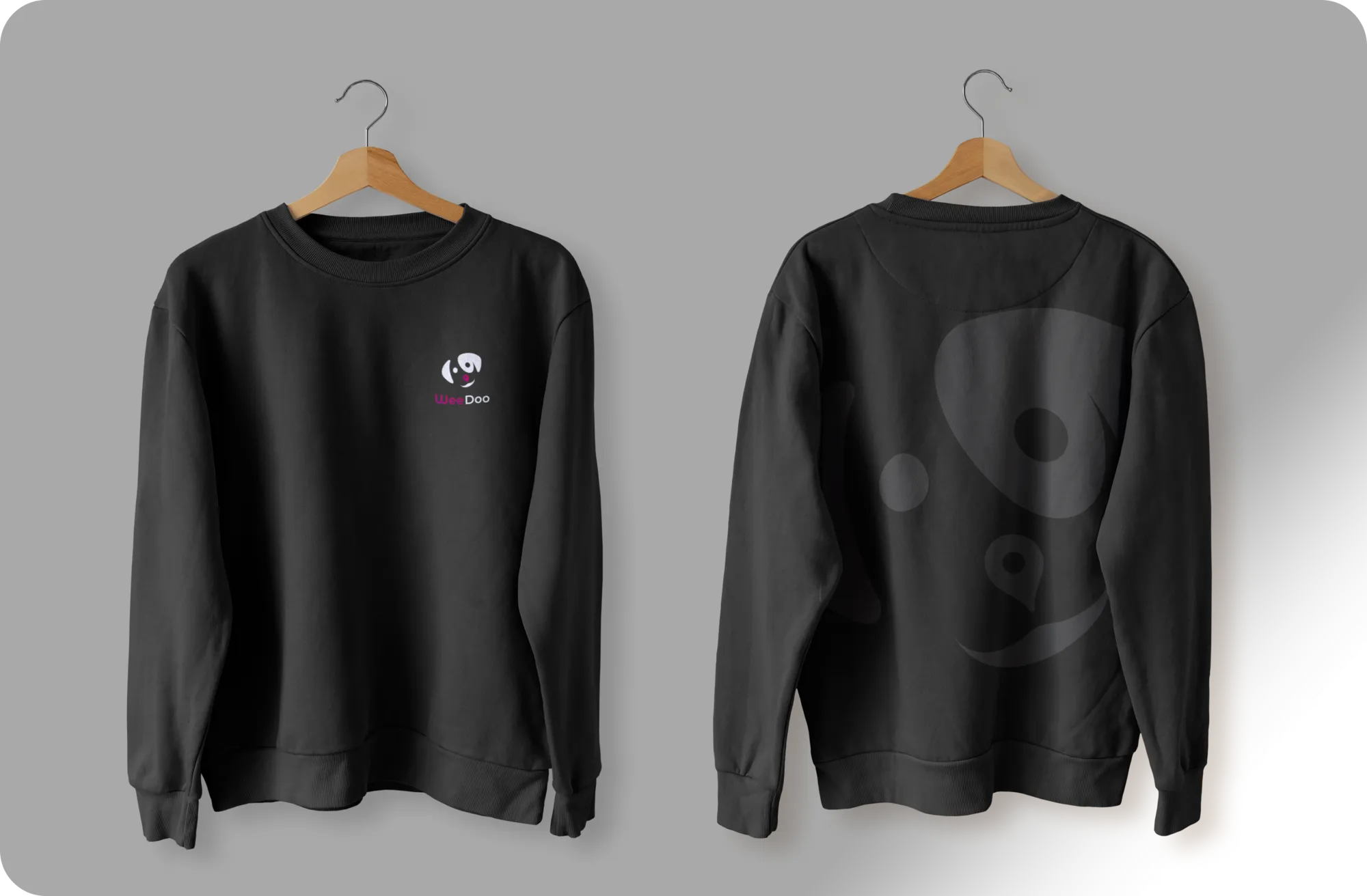 Black WeeDoo sweatshirt, front with the small logo on the chest and back with a large tonal print