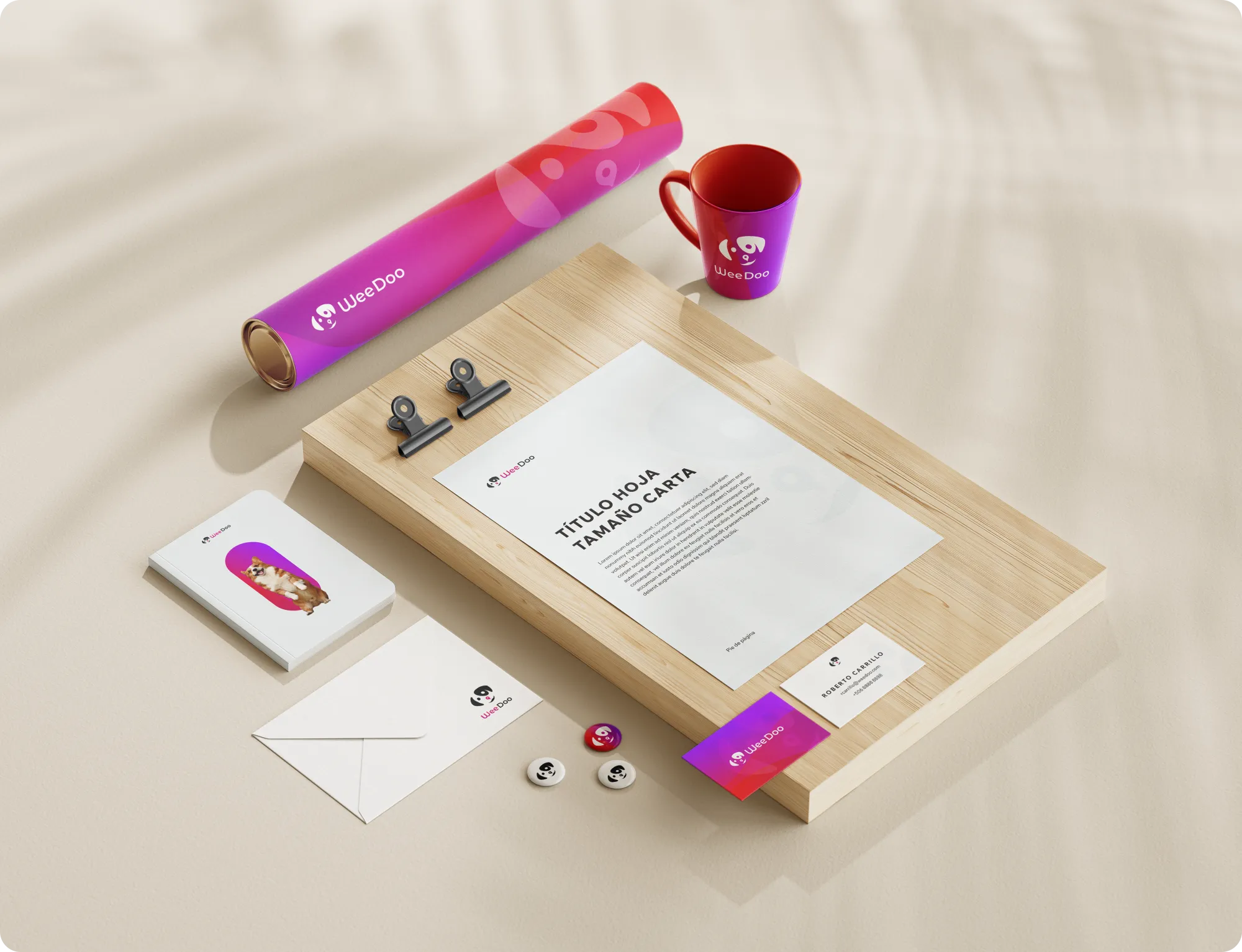 WeeDoo stationery set: letterhead, business cards, envelope, notebook, pins, a branded tube and a mug