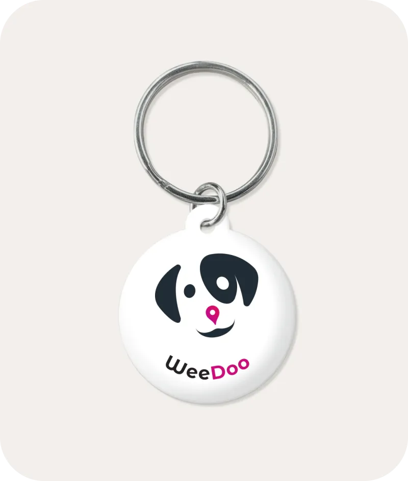 White NFC pet tag with the WeeDoo dog face and wordmark