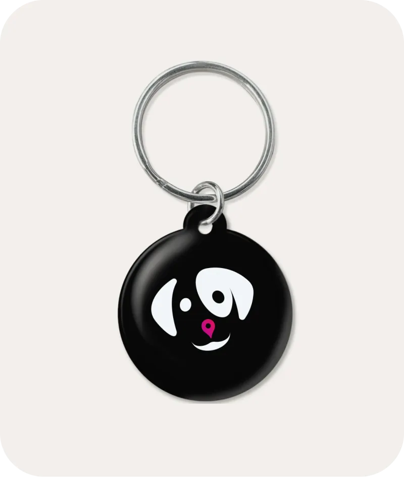 Black NFC pet tag with the WeeDoo dog face in white