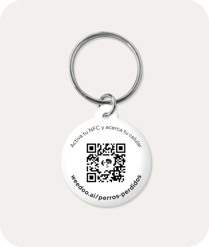 White NFC pet tag with a QR code and instructions to activate NFC and bring the phone close