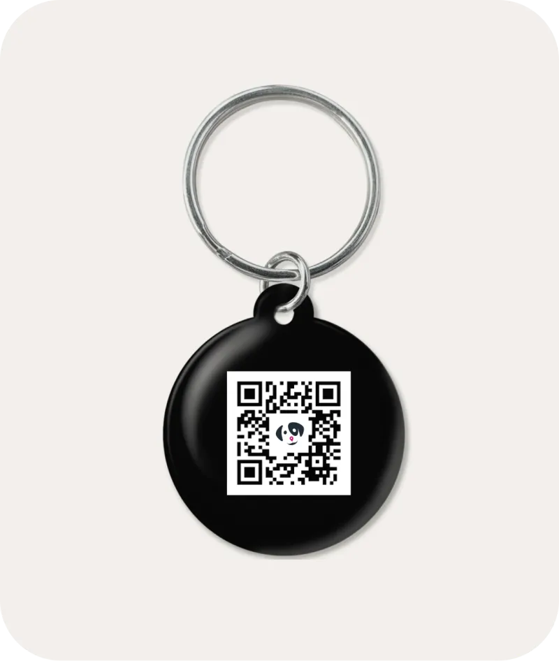 Black NFC pet tag with a QR code on a white square