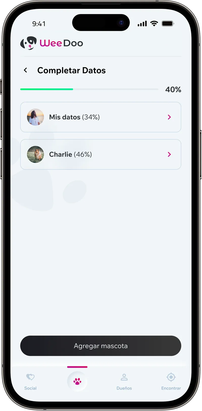 WeeDoo complete-your-data screen showing progress for owner and pet
