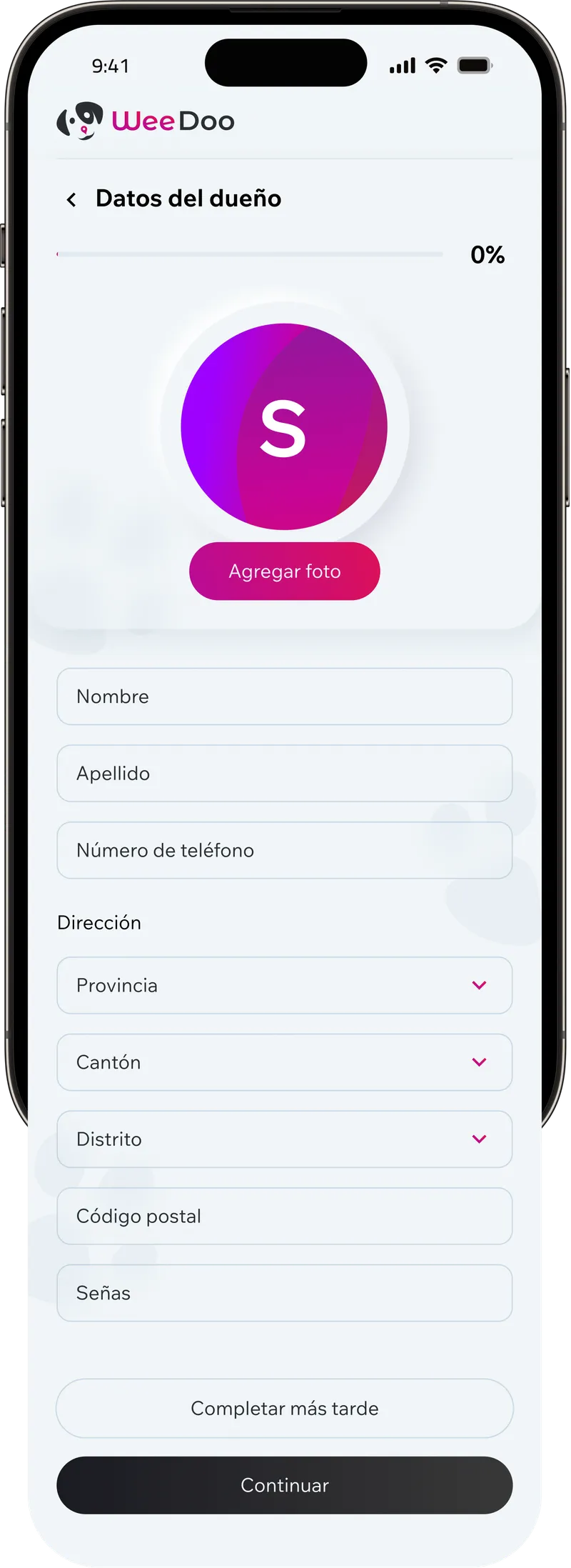 WeeDoo owner data form with name, address and contact fields