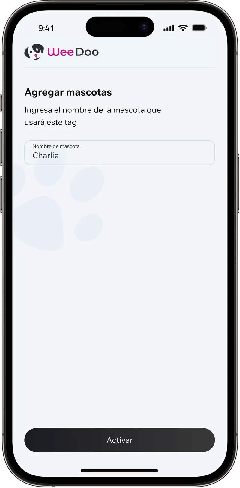 WeeDoo screen to enter the pet's name, with Charlie typed in