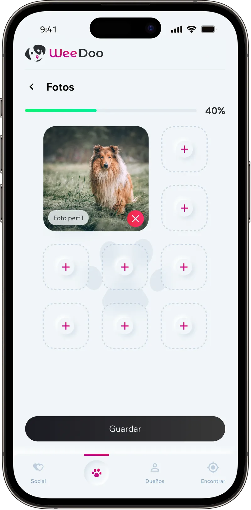 WeeDoo screen for uploading the pet's photos