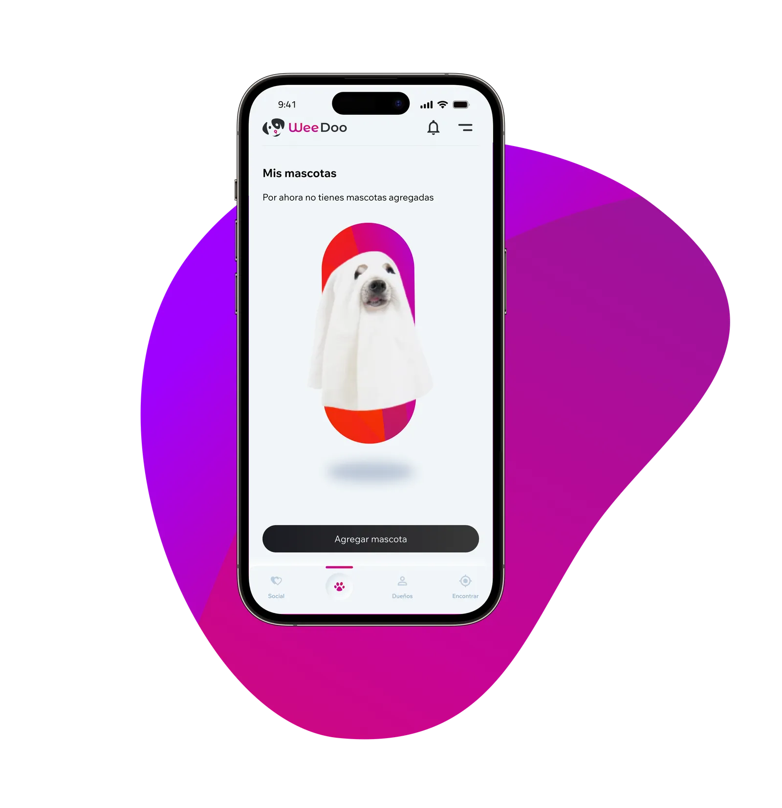 Phone over a magenta shape showing the My Pets screen, with a dog wearing a ghost costume as profile photo