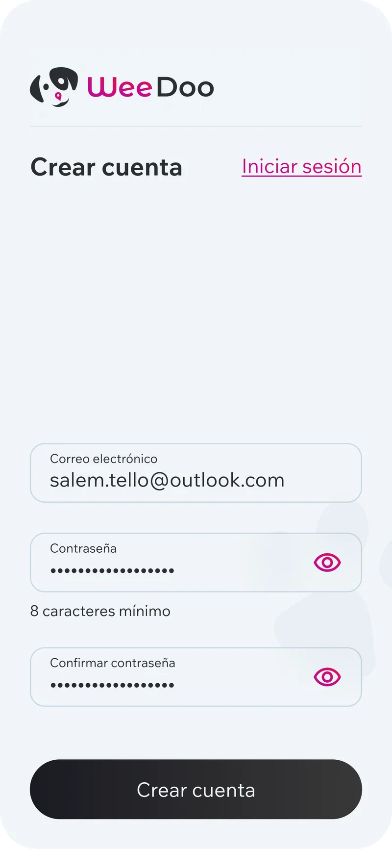 WeeDoo create account screen with email and password fields