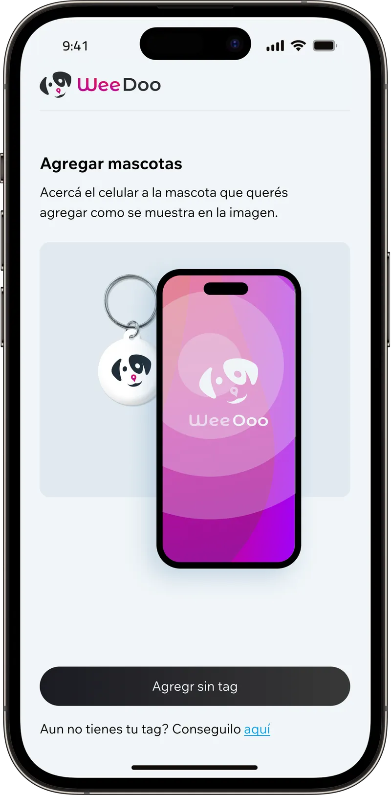 WeeDoo screen asking to bring the phone close to the pet's tag