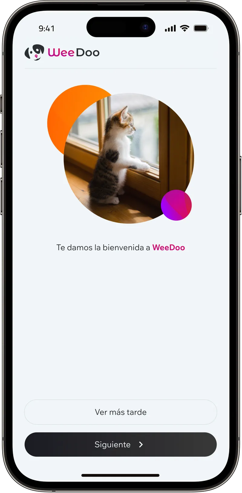 WeeDoo welcome screen with a cat photo greeting the new user